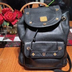 MCM Black Grained Calfskin Studded Drawstring